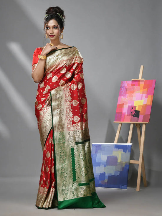 Red Silk Banarasi Saree With Damask Motifs And Woven Degins-MA52BSL441050091