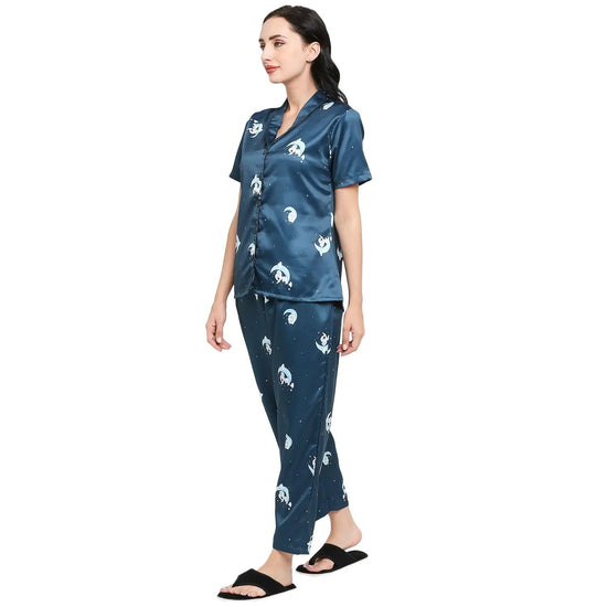 Smarty Pants Women's Silk Satin Teal Blue Color Baby Elephant Printed Night Suit