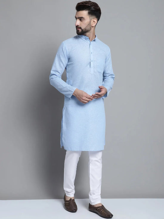 Men's Solid Pure Cotton Kurta With Pyjamas-JOKP-697Sky