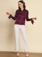 Purple Tie-up Sleeve Satin Shirt