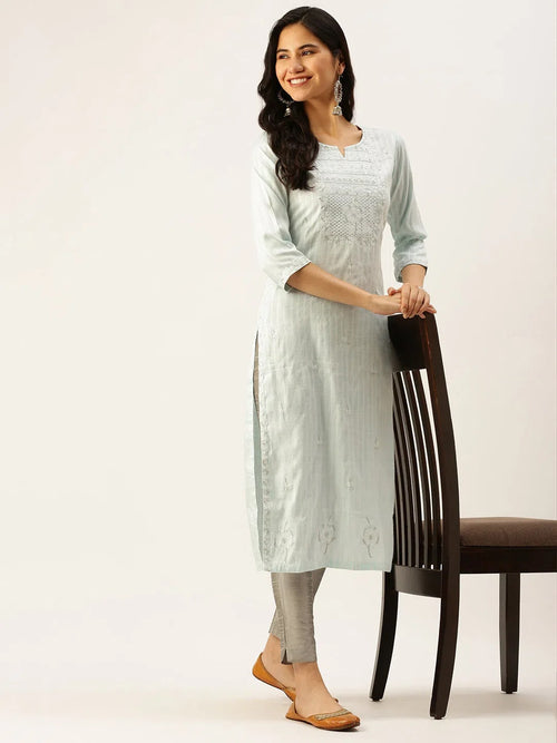 Women's Blue Striped Straight Kurtas-AT-A309-K-Blue