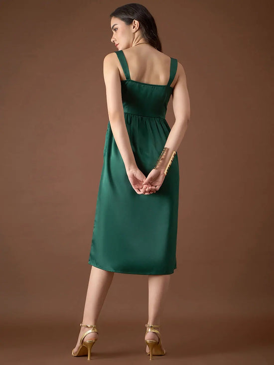 Corset Yoke Midi Dress in Green Color