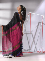 Black Cotton Saree With Sequine Work And Zari Stripe Pallu-MA55CT06520127