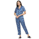 Smarty Pants Women's Silk Satin Teal Blue Color Floral Print Night Suit