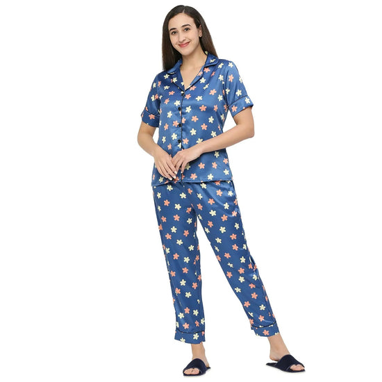 Smarty Pants Women's Silk Satin Teal Blue Color Floral Print Night Suit