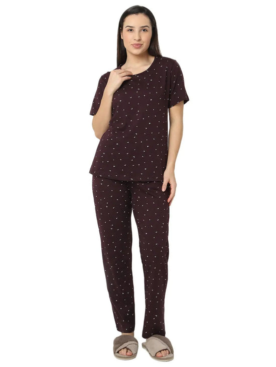 Smarty Pants Women's Cotton Lycra Wine Color Heart Print Night Suit