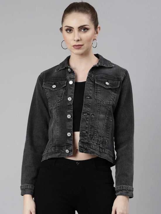 Women Grey Solid Denim Jacket-GZ-5528-Grey