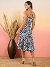 Strappy flared Midi dress in Blue Ikkat Print