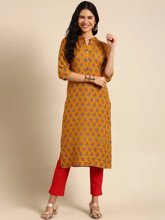 Women's Mustard Printed Straight Kurta-GW-500-3-Mustard