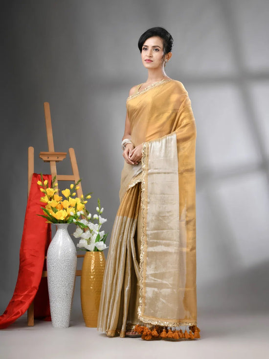 Golden And Silver Shimmer Tissue Saree With Gota Patti Borders-MA62TIS33990016