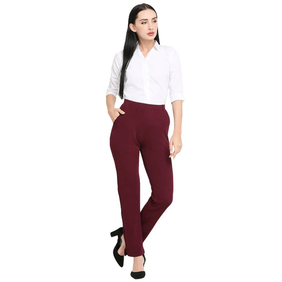 Smarty Pants Women's Cotton Lycra Straight Leg Wine Color Formal Trouser