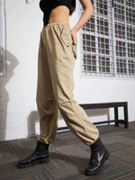 Women Beige Pleated Knee Twill Jogger Cargos