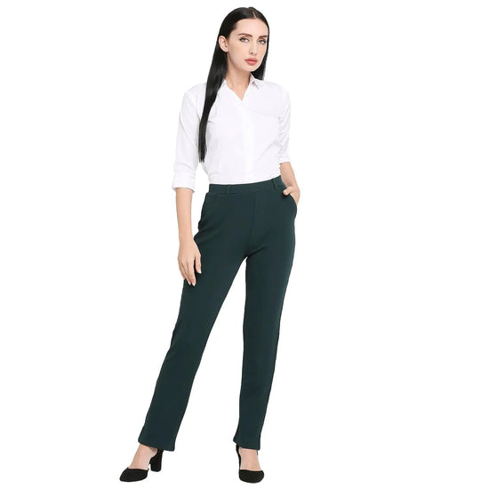 Smarty Pants Women's Cotton Lycra Straight Leg Bottle Green Color Formal Trouser