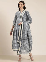 Women Grey Floral Kurta Set-UB-2806-Grey