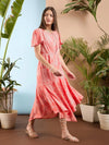 Women Peach Floral Asymmetric Hem Midi Dress