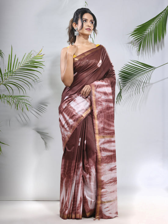 Brown And White Shibori Printed Silk Saree-MA56BSL34610005