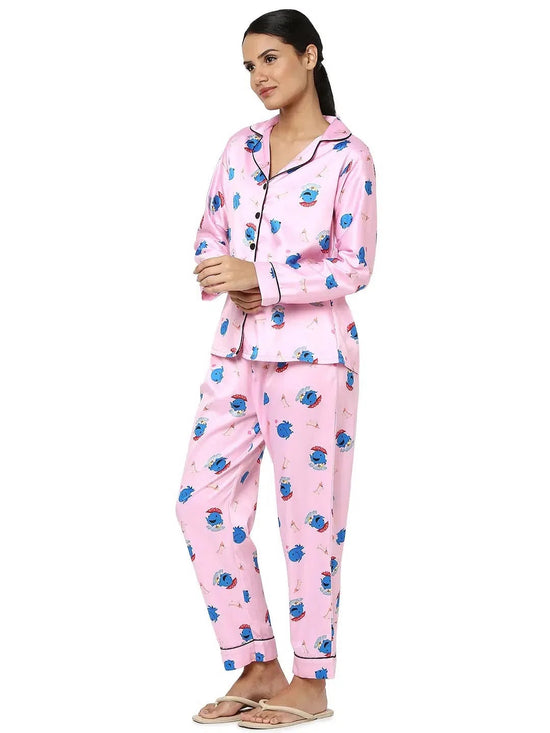 Smarty Pants Women's Silk Satin Baby Pink Color Oswald Print Full Sleeves Night Suit