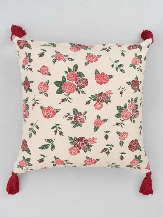 Wild Roses 100% cotton floral cushion cover for sofa - Red-230454077