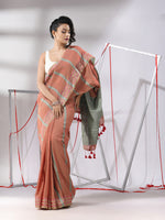 Dark Peach Cotton Saree With Stripes Design-MA55CT06530014