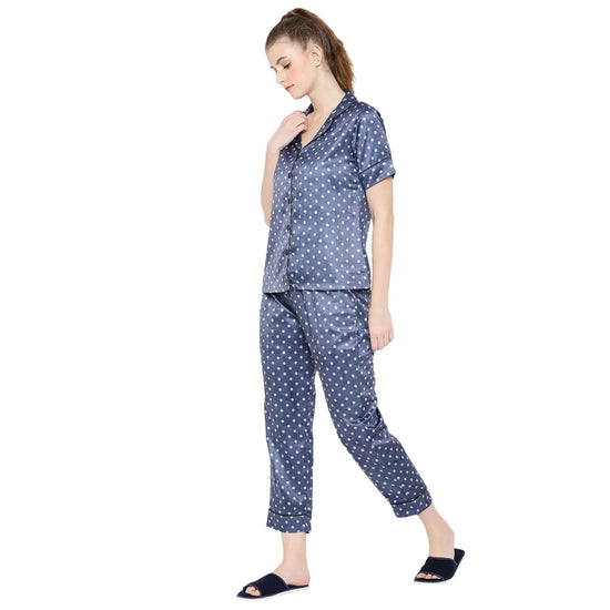 Smarty Pants Women's Silk Satin Blue Color Polka Dot Night Suit