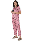 Smarty Pants Women's Silk Satin Pink Color Palm Tree Printed Night Suit