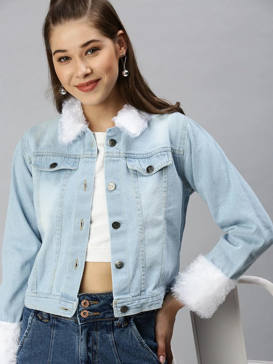 Women's Blue Solid Denim Jacket Jackets-AE-999154-Blue