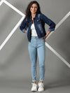 Women's Navy Blue Solid Denim Jacket-AE-9506-Navyblue