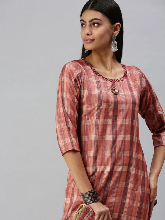 Women's Rust Checked Straight Kurta-SKC3175-Rust