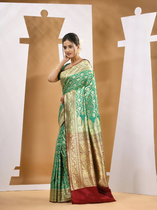 Cool Green Silk Banarasi Saree With Zari Woven Designs-MA53BSL441050004