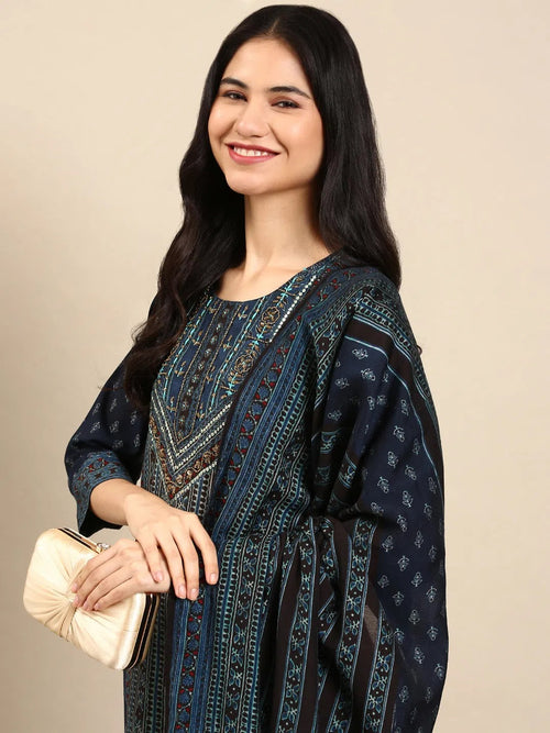 Women's Blue Printed Kurta Set-GW-2883-Navyblue