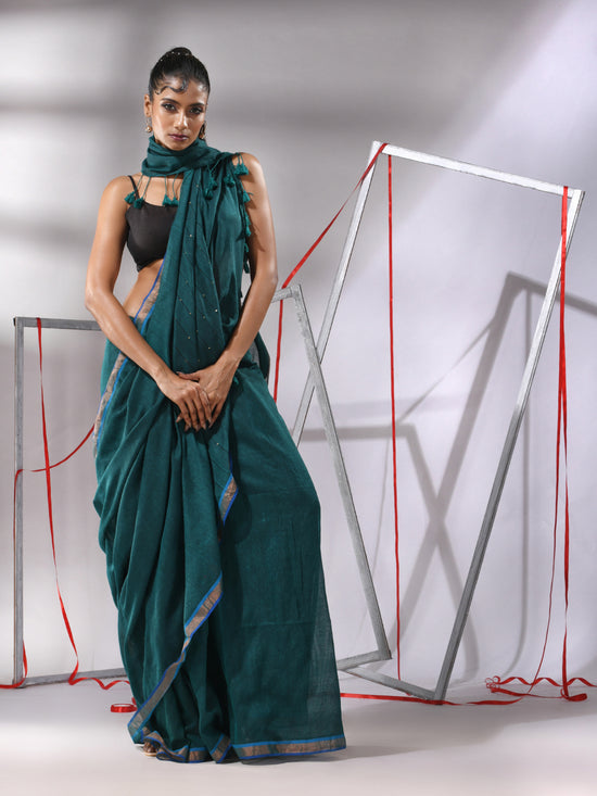 Teal Cotton Saree With Sequined Pallu-MA55CT06520119