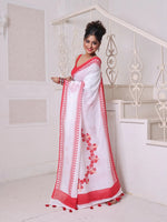 White Hibiscus Printed Bengali Style Mulmul Cotton Soft Saree-MA64MCT33690055