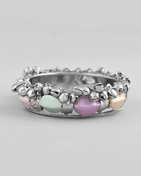 Silver-Plated Multi Colour Stone Studded Oxidized Cuff Bracelet-VOJ361