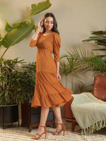 Women Rust Dobby Tiered Midi Dress