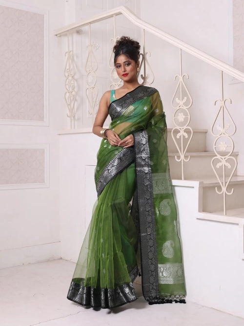 Green Muslin Saree With Zari Woven Nakshi Borders-MA62MS331980034