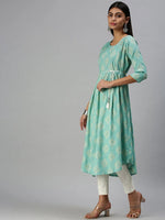 Women's Blue Printed A-Line Kurta-KG555A-Turquoiseblue