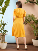 Women Mustard Frill Neck Accordion Pleated Midi Dress