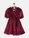 Tales & Stories Girls Maroon Polyester Elbow Sleeve Flared Fit Solid Dress