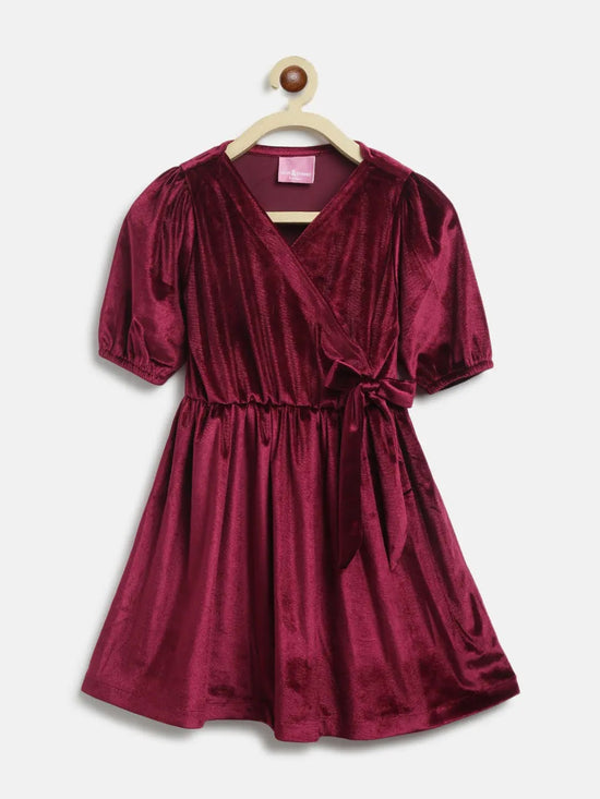 Tales & Stories Girls Maroon Polyester Elbow Sleeve Flared Fit Solid Dress