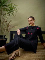 Women Black All Over Embroidered Shirt With Palazzos