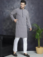 Sequin Embroidered Pure Cotton Kurta with Pyjamas-JOKP-P-5028Navy