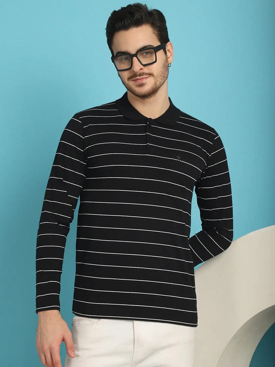 Venitian Men Striped Polo Neck Full Sleeves Black T-Shirt Wih Pocket