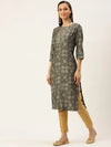 Women's Grey Embellished Straight Kurtas-HO-1448-Grey