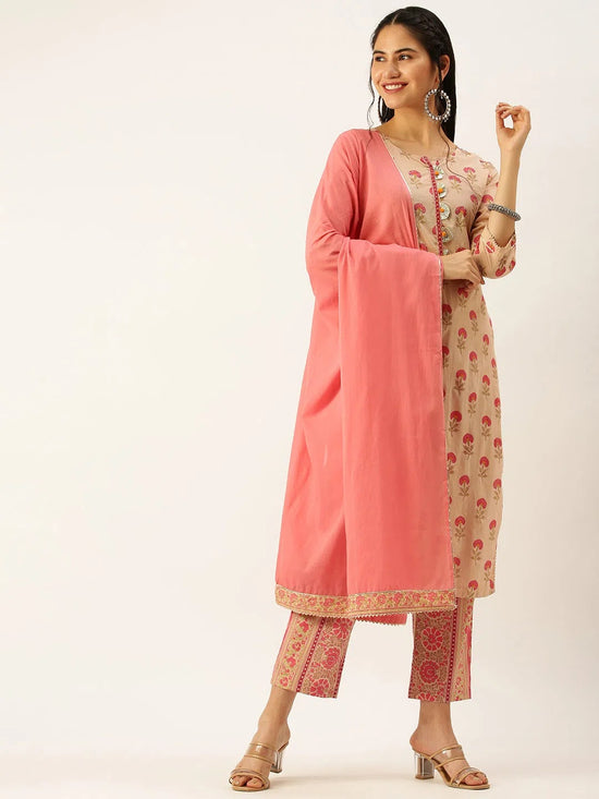 Women's Peach Printed Kurta Sets-AT-659-Peach