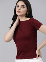 Boat Neck Solid Burgundy Regular Top-AE-10654-Burgundy