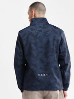 Men Hooded Navy Blue Geometric Tailored Oversized Jacket comes with Detachable Hoodie-2627-Navyblue