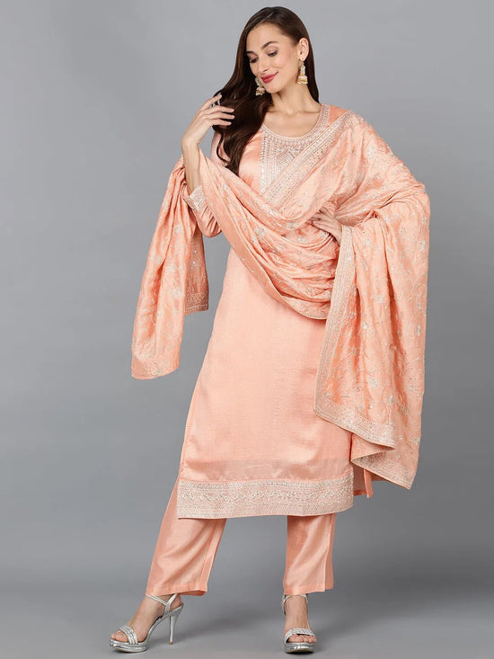 Peach Silk Blend Embroidered Party wear Suit