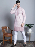 Men's Chikankari Embroidered Kurta with Pyjama.-JOKP-P-5009Pink