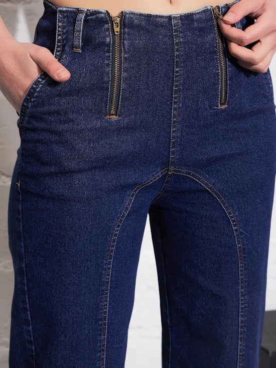 Women Blue Blast Zipper Detail Straight Jeans