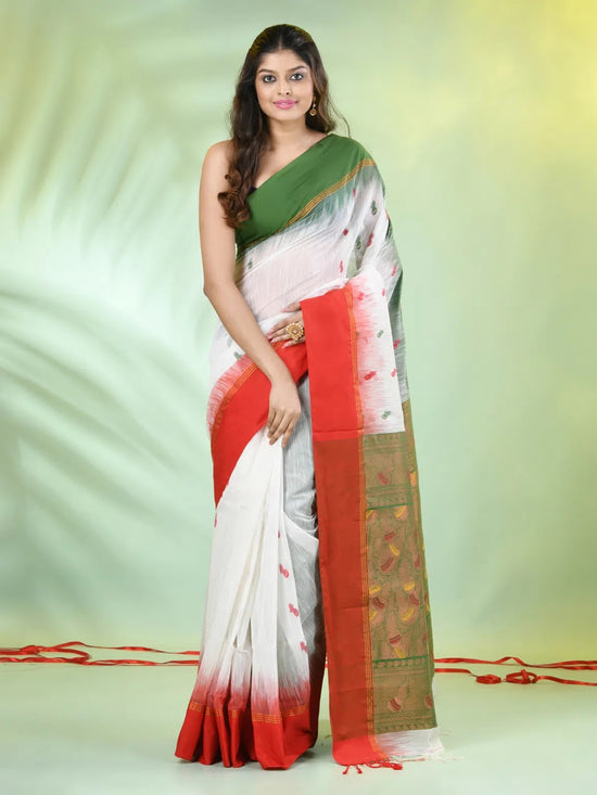 White Cotton Ikat Saree With Ganga Jamuna Border-MA66BCT431380032